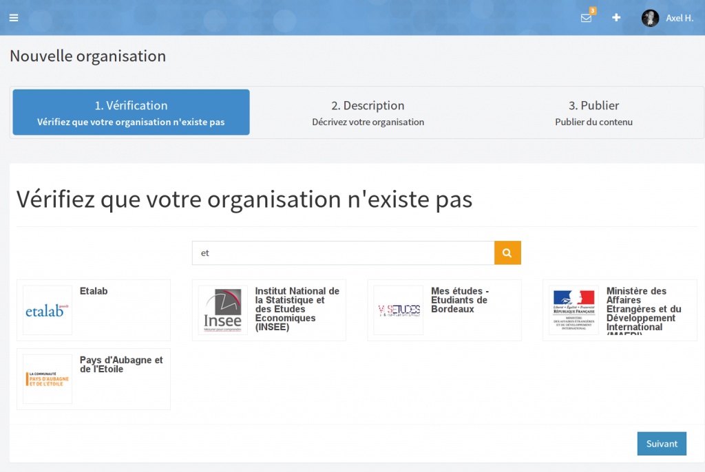 Une étape du parcours utilisateur "créer mon organisation"