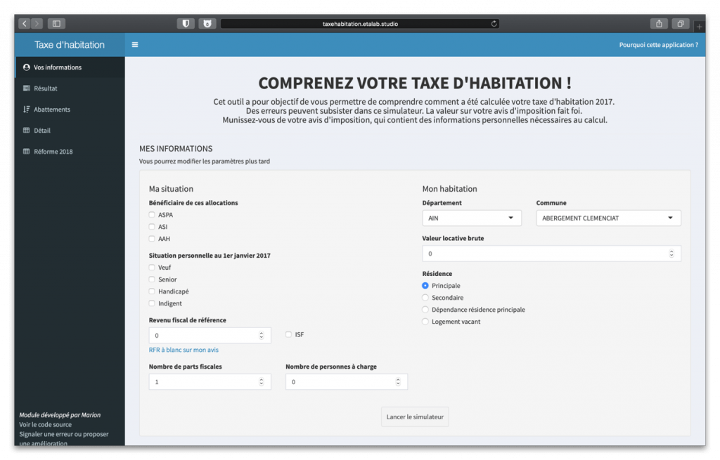 Capture écran de l’application qui permet de calculer sa taxe d’habitation