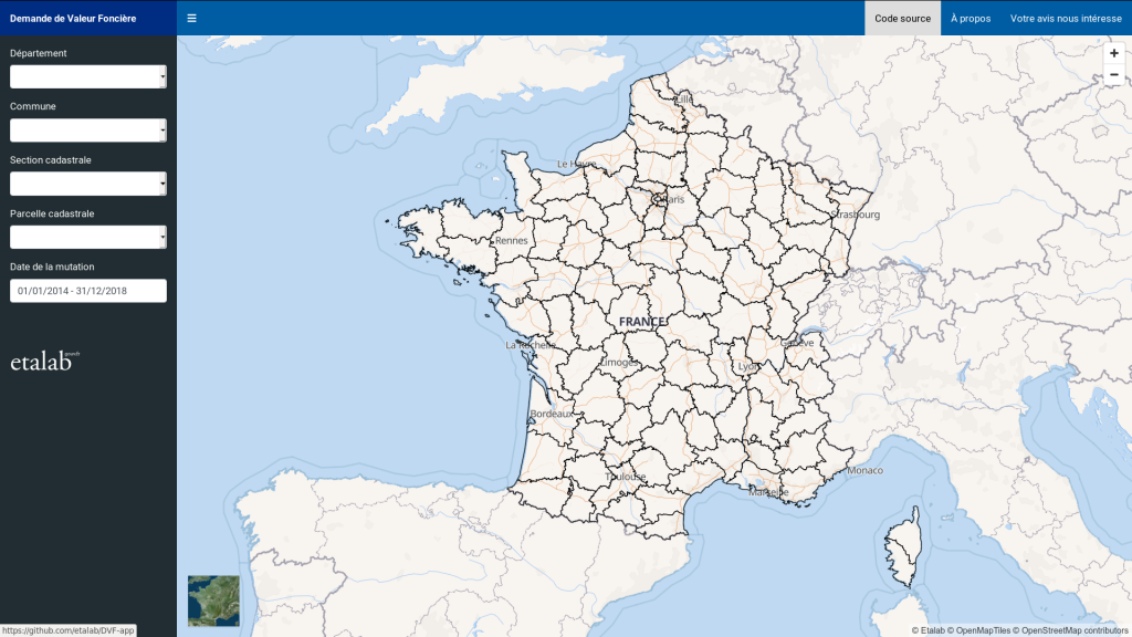 La page d'accueil de l'application de présentations des données DVF