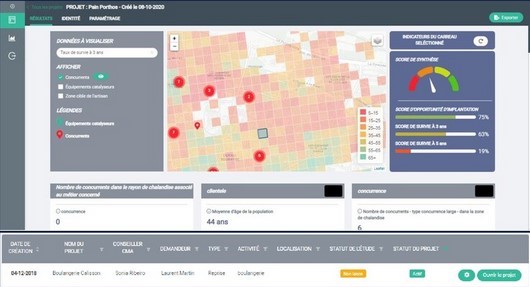 Capture d'écran d'un tableau de bord présentant une carte et différents indicateurs. 